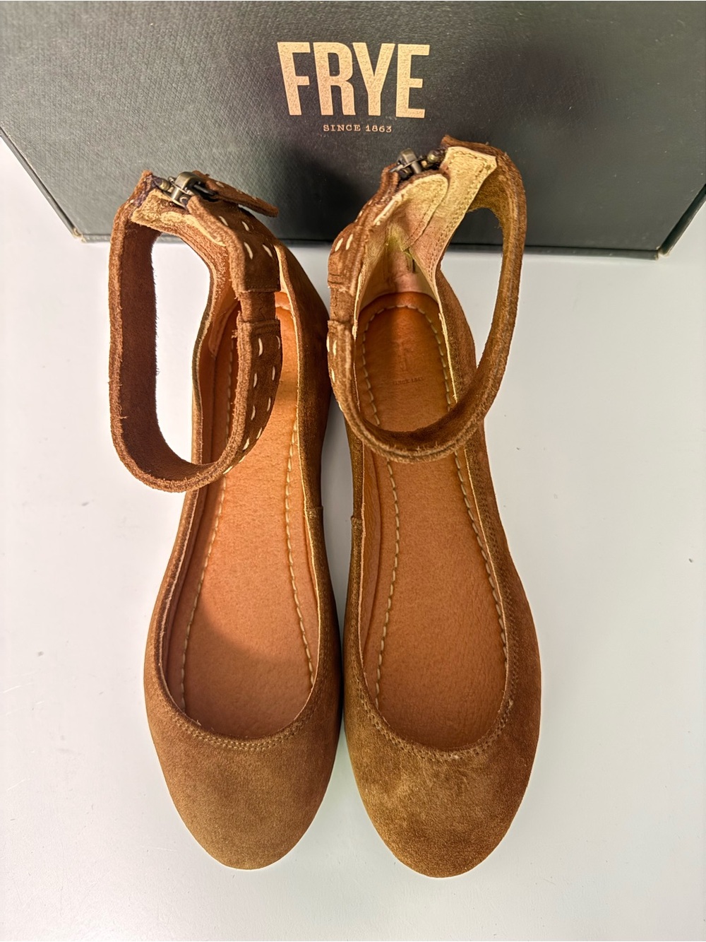 FRYE Tan Suede Ankle-Strap Flats